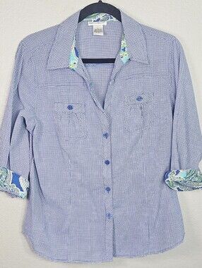 Rebecca Malone Blue Gingham Button Front Shirt Womens Large Paisley Trim